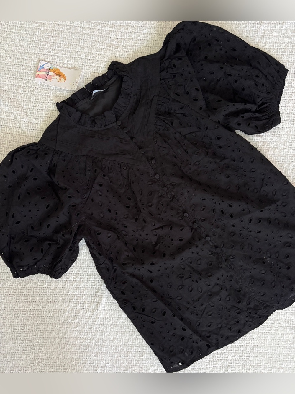 NWT Black Eyelet Top Pretty Garden Puff Sleeve Ruffled Trim Coquette Boho Tag: S - Picture 2 of 8